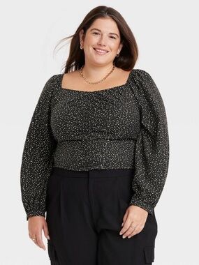 a new day Black Speckle Square-Neck Smocked Peplum Blouse